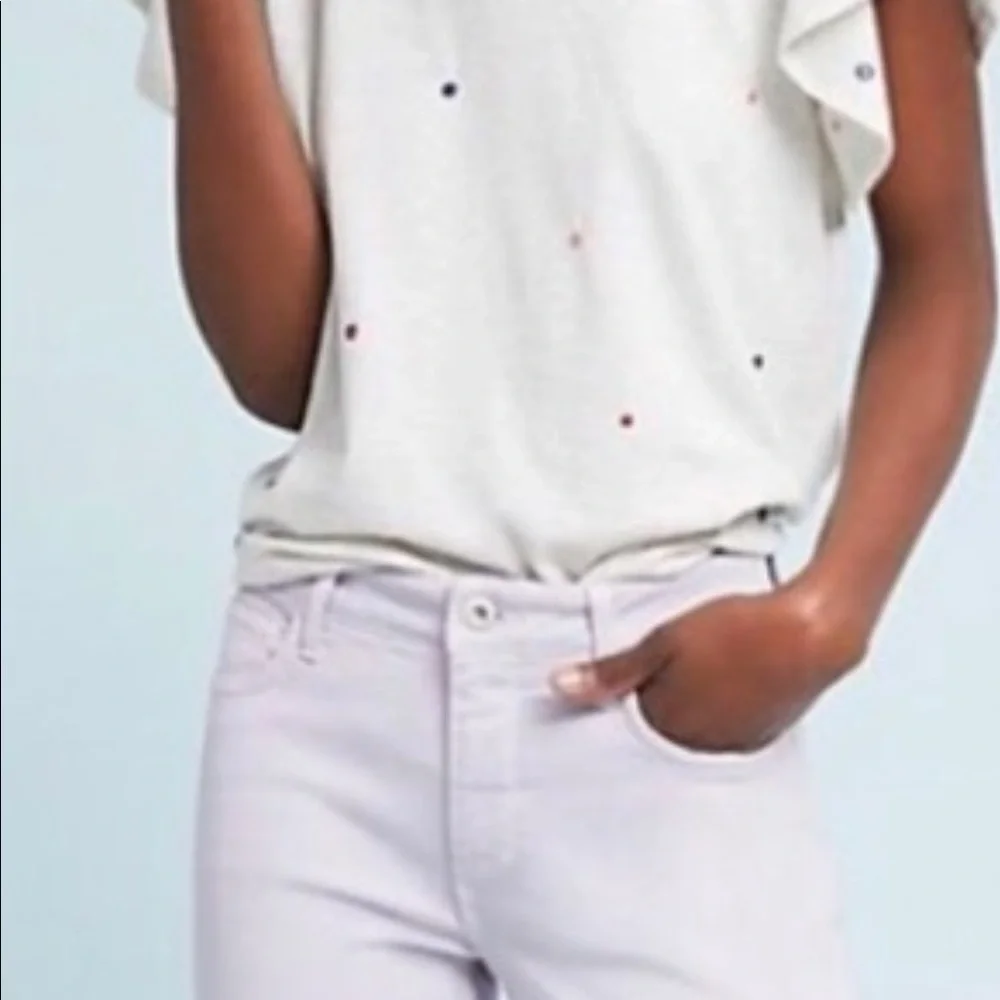 Anthropologie Flutter Sleeve Tee with multi colored embroidered Swiss Dots. - Picture 3 of 15